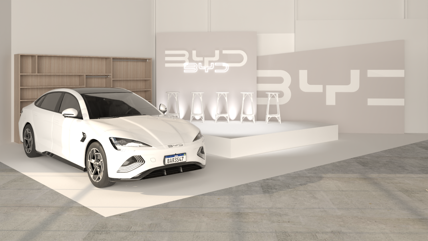 Scénographie BYD — vue globale de la présentation du nouveau modèle