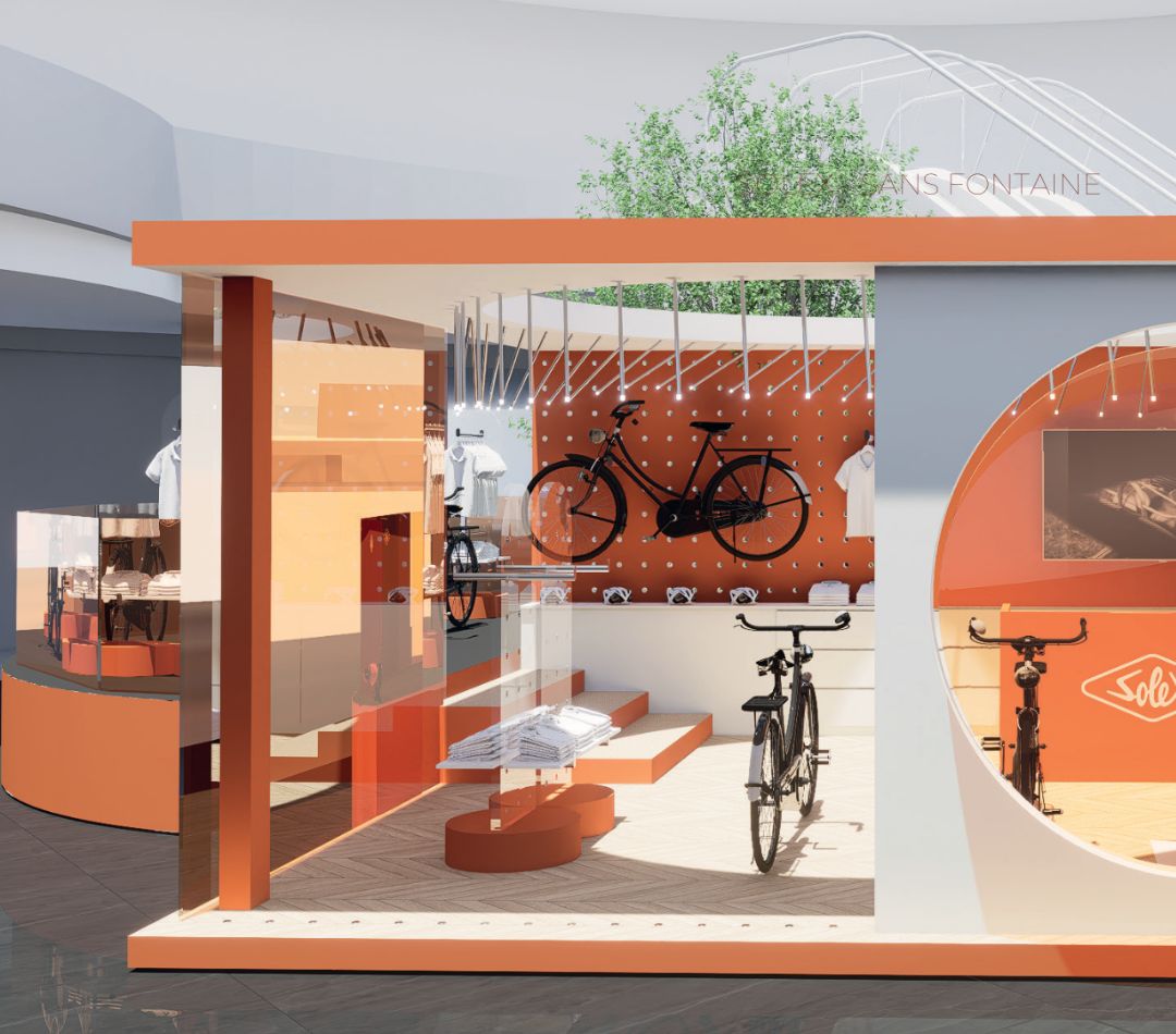 Rendu 3D d'un pop-up store modulaire en centre commercial