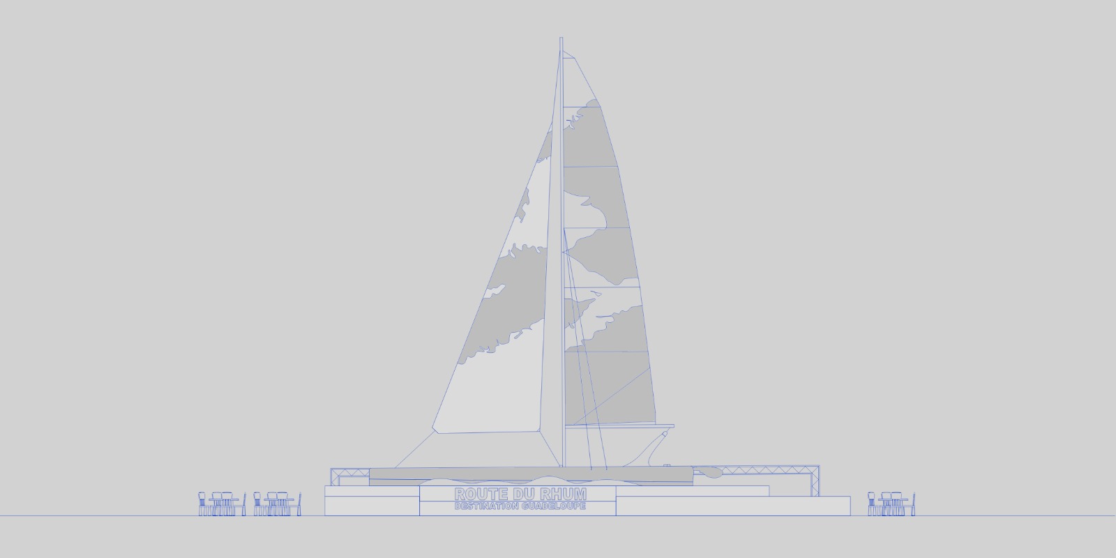Plan implantation catamaran Route du Rhum dans la fontaine du Centre Alma à Rennes