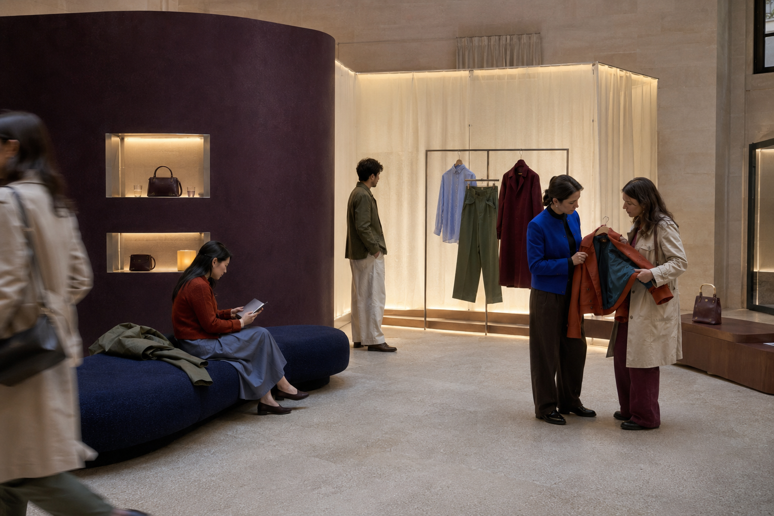 Présentation de collection dans une scénographie de marque pendant la Fashion Week à Paris